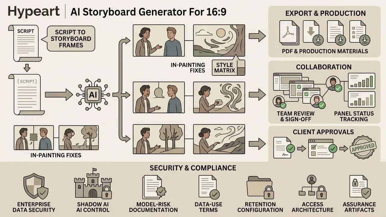 Comprehensive infographic detailing production workflows, team collaboration, and enterprise security features