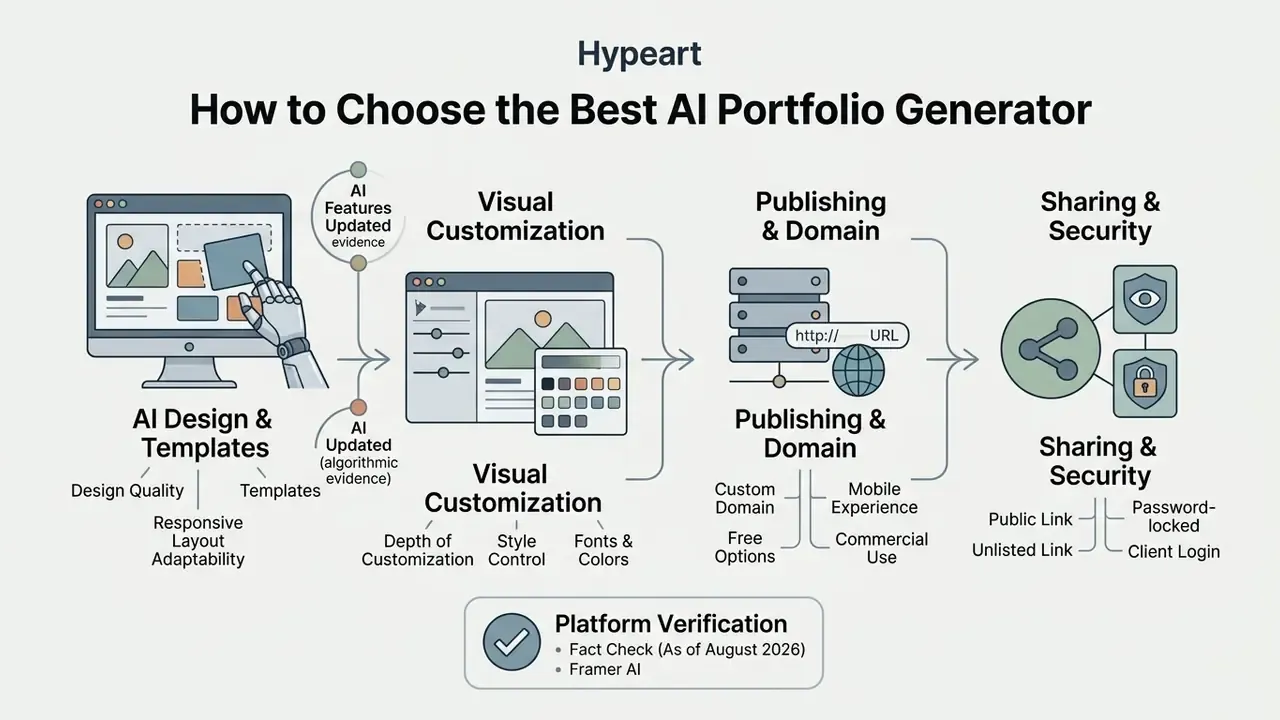 Infographic detailing criteria for evaluating website creation tools including design and security
