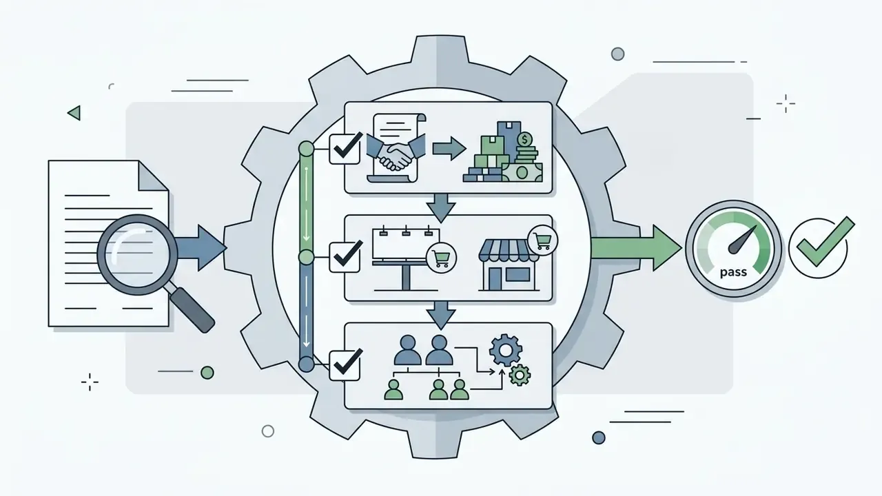 Document review process showing commercial licensing steps leading to a pass status