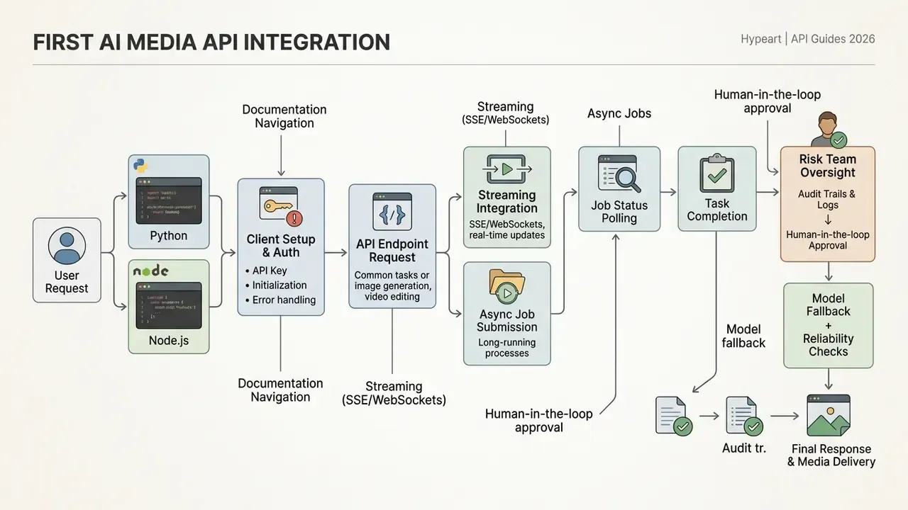 Step-by-step flowchart mapping the lifecycle of an AI Media API integration from initial request to delivery