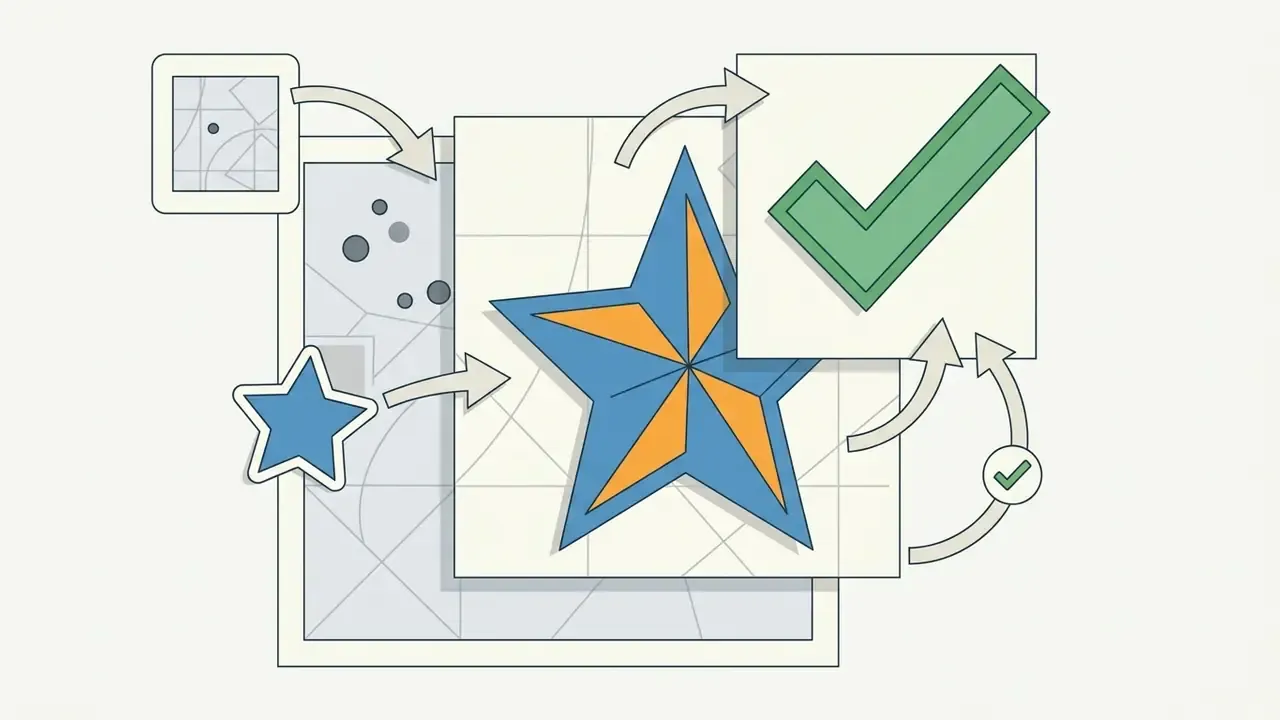 Layered graphics showing a star shape being positioned and confirmed with a green checkmark