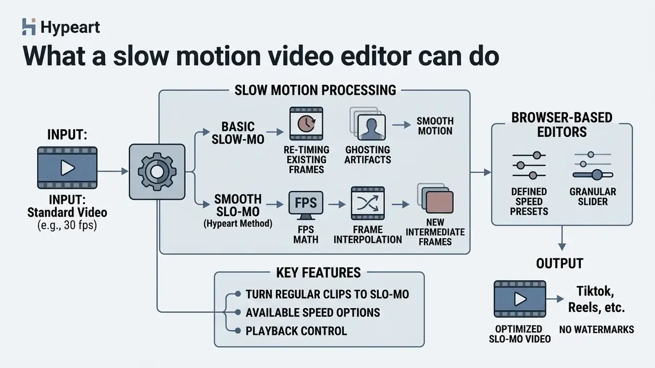 Flowchart showing how a slow motion video editor processes standard clips through frame manipulation