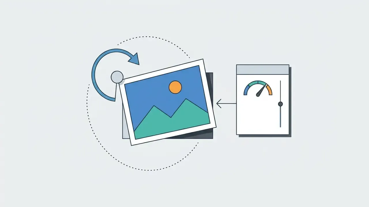 A tilted image frame with a circular rotation arrow and a side panel featuring a degree adjustment slider