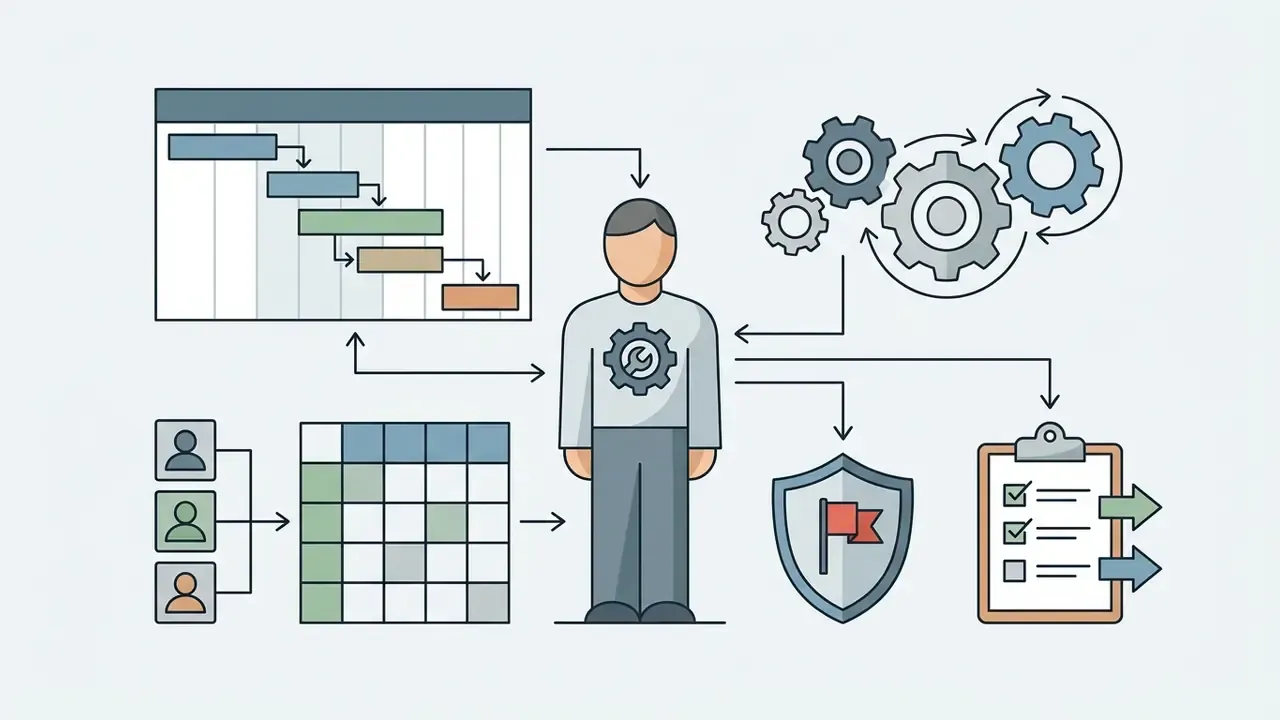 Central project manager figure connected to schedule charts, gear systems, risk shields, and task lists