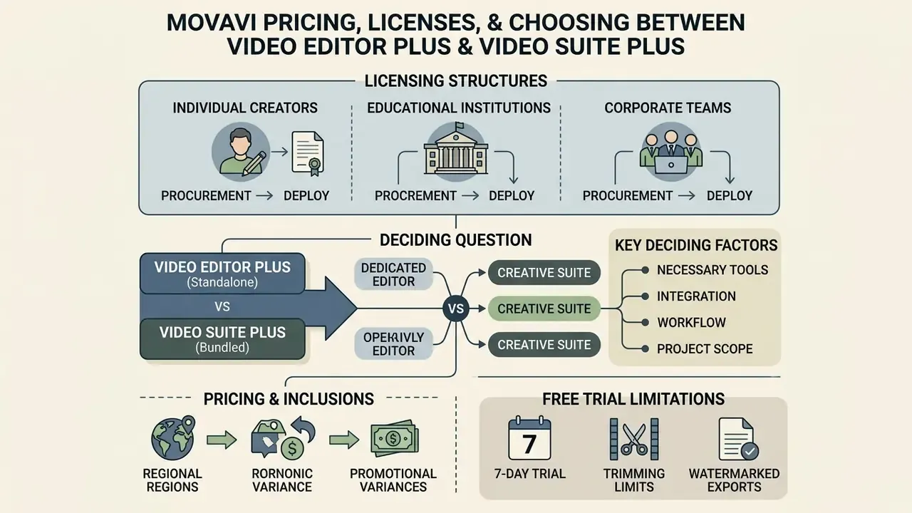 Comparison chart detailing software licensing structures, purchase decision factors, and trial limitations