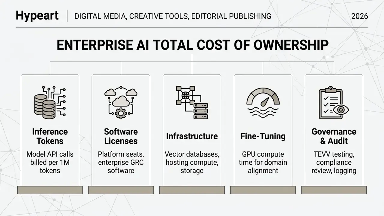 Five columns detailing cost factors including inference tokens, software licenses, infrastructure, and audit