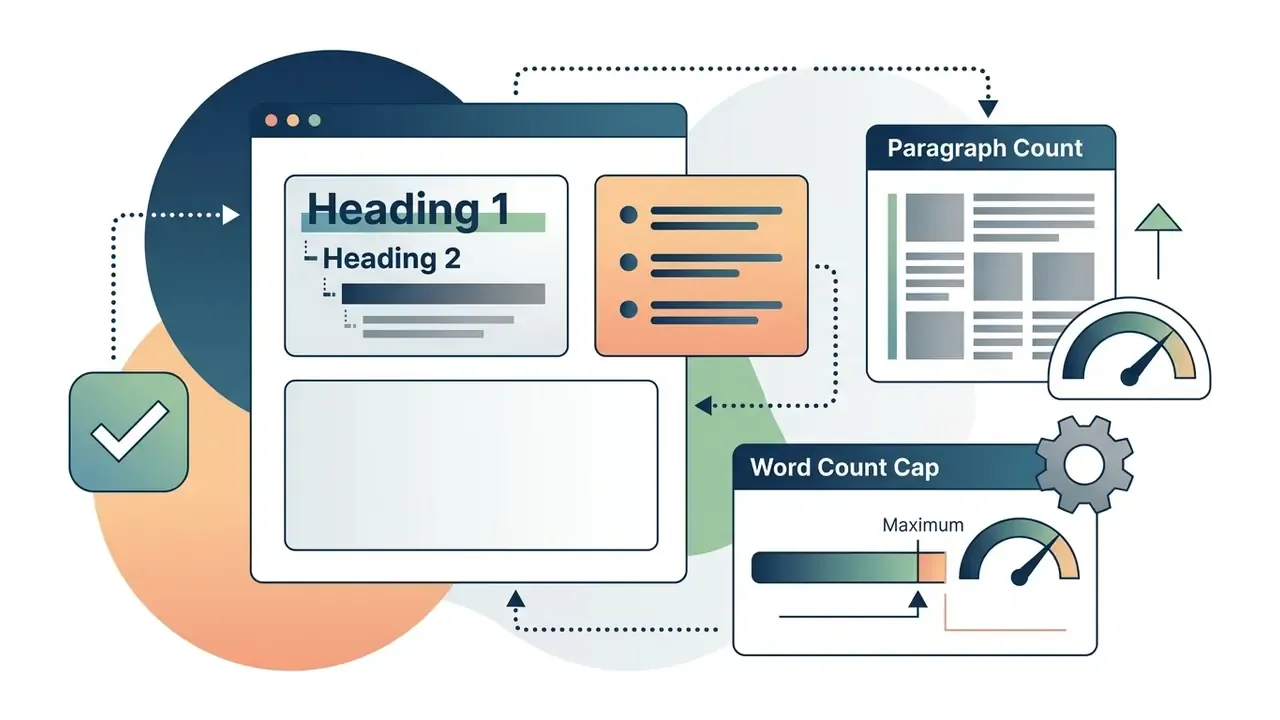 Web interface showing document structure, paragraph limits, and word count settings for AI generation