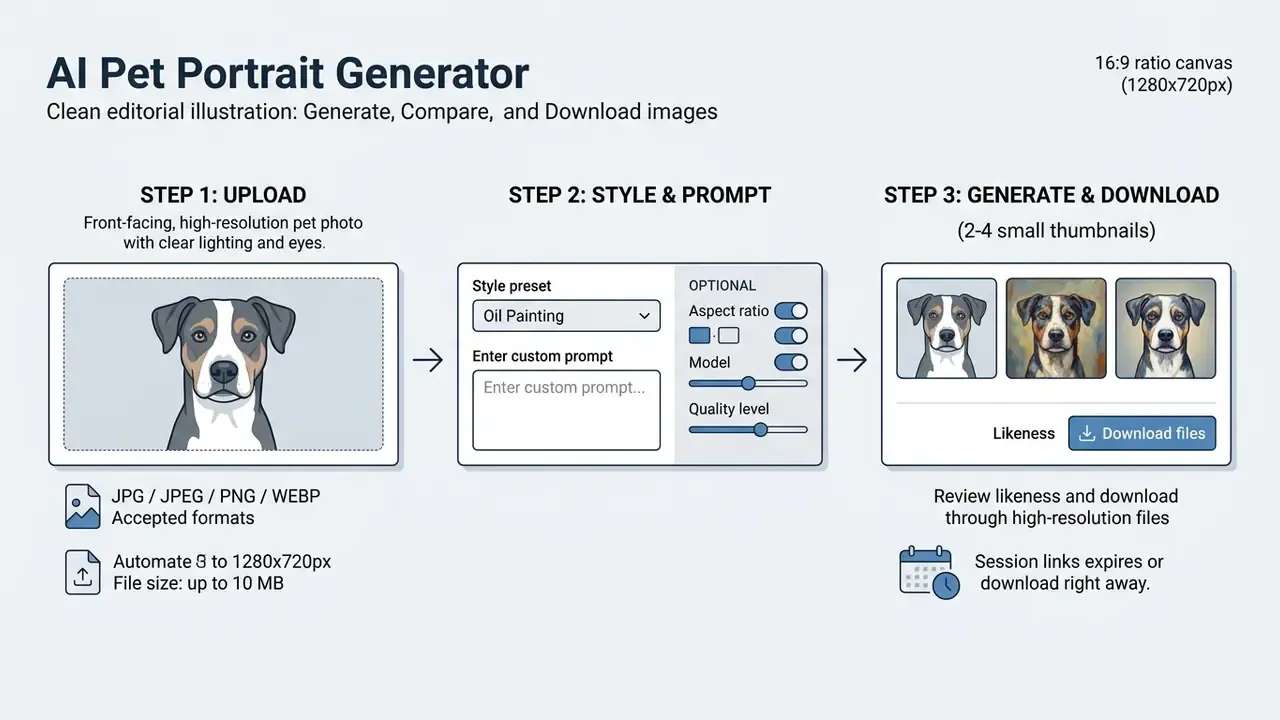 Three-step workflow showing pet photo upload, style selection, and final portrait generation download