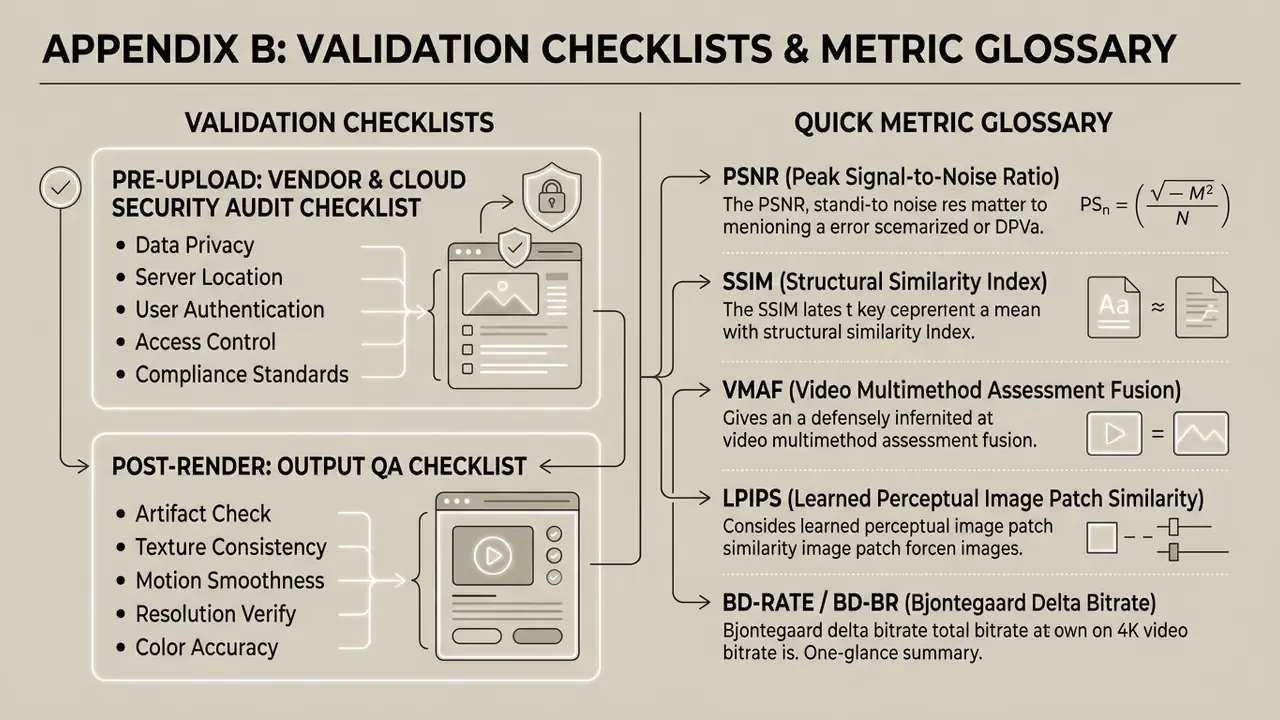 Two-column layout detailing security audit checklists and a glossary of video quality assessment metrics
