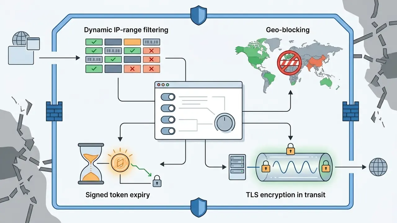 Administrative panel managing IP filtering, geo-blocking, token expiry, and TLS encryption for networks