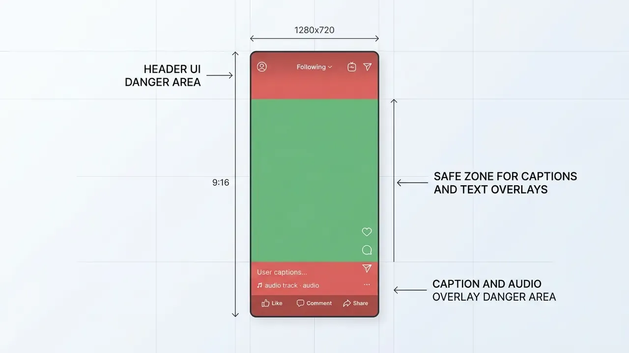 Vertical 9:16 frame diagram showing a green safe zone for text and red danger zones for UI elements
