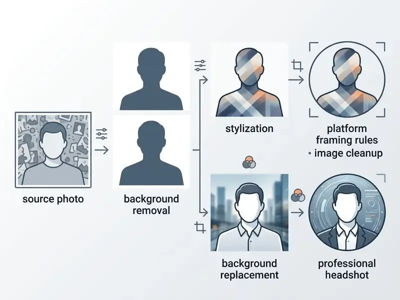 Diagram showing a source photo undergoing background removal followed by stylization or replacement