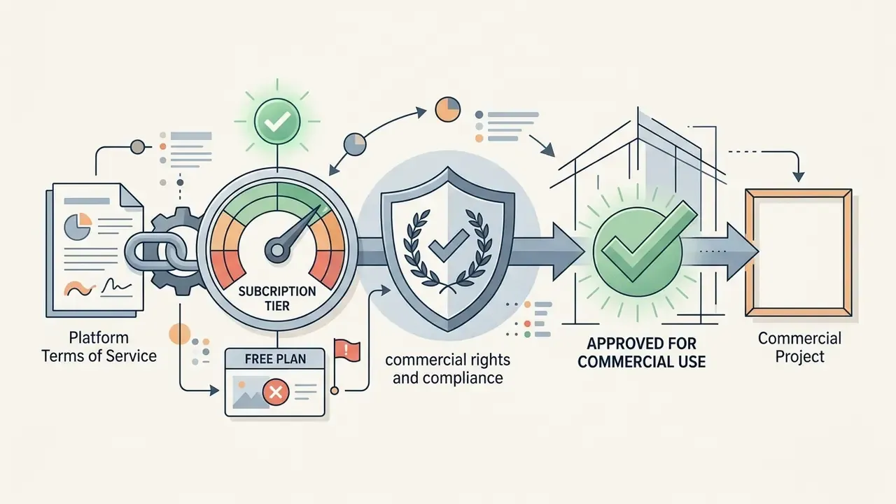 Subscription tier gauge and shield icon leading to approval for commercial use in a project
