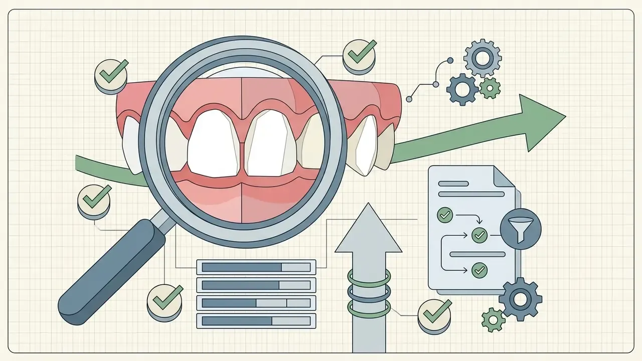 Magnifying glass inspecting teeth and gums with checkmarks and technical processing icons