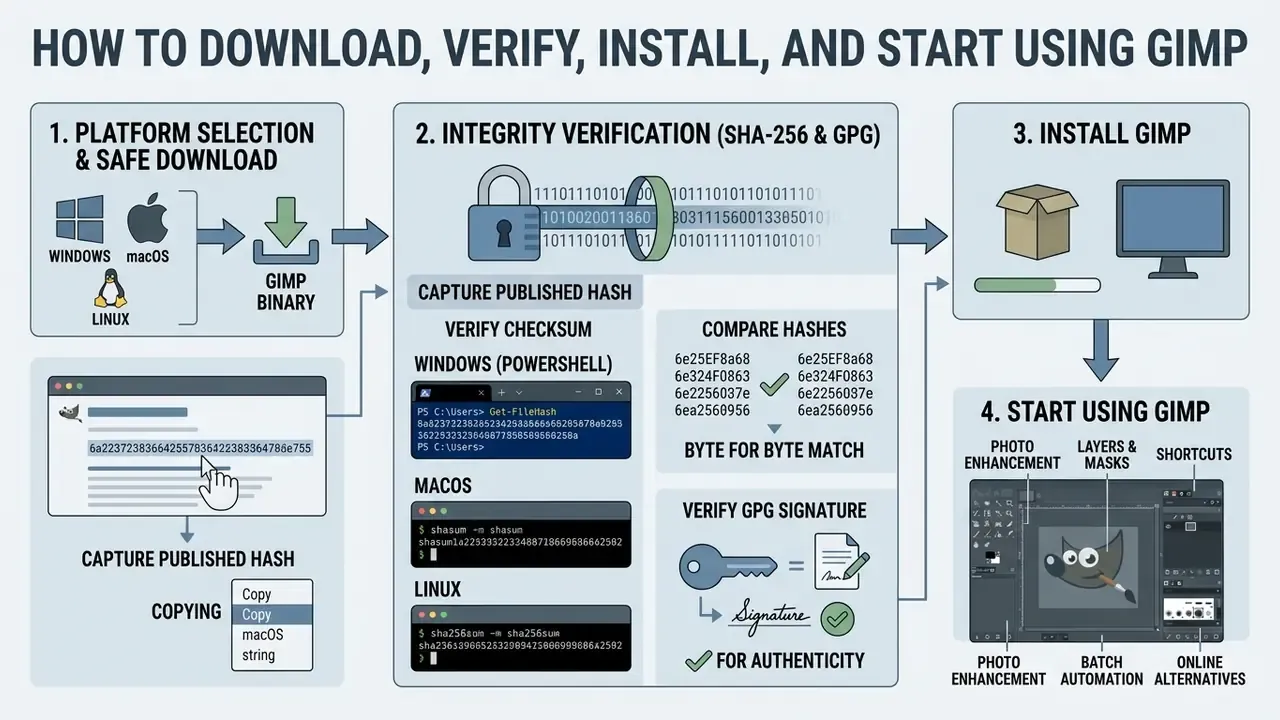 Flowchart showing steps to select, verify, install, and begin using the software on various platforms