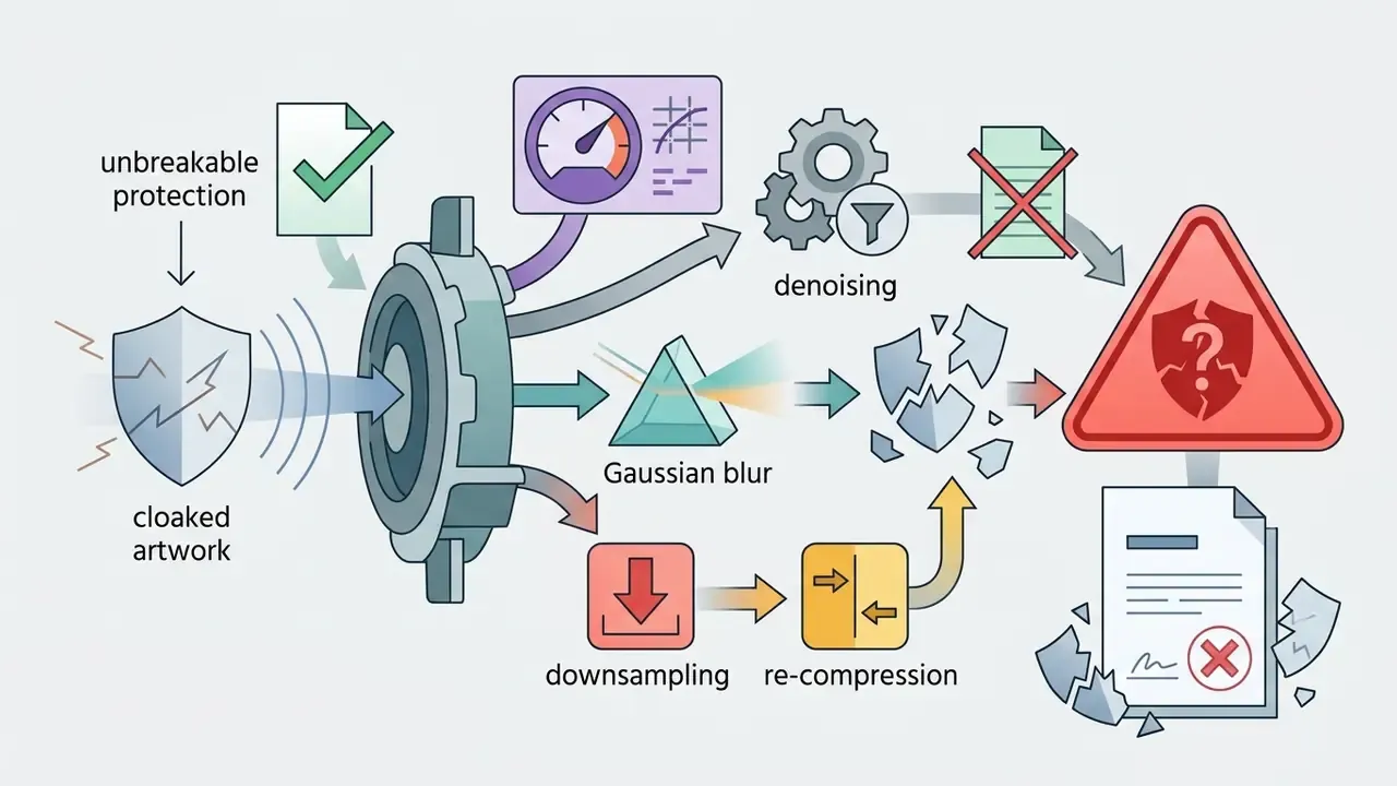 Process flow showing how denoising, blurring, and compression techniques break cloaked digital artwork