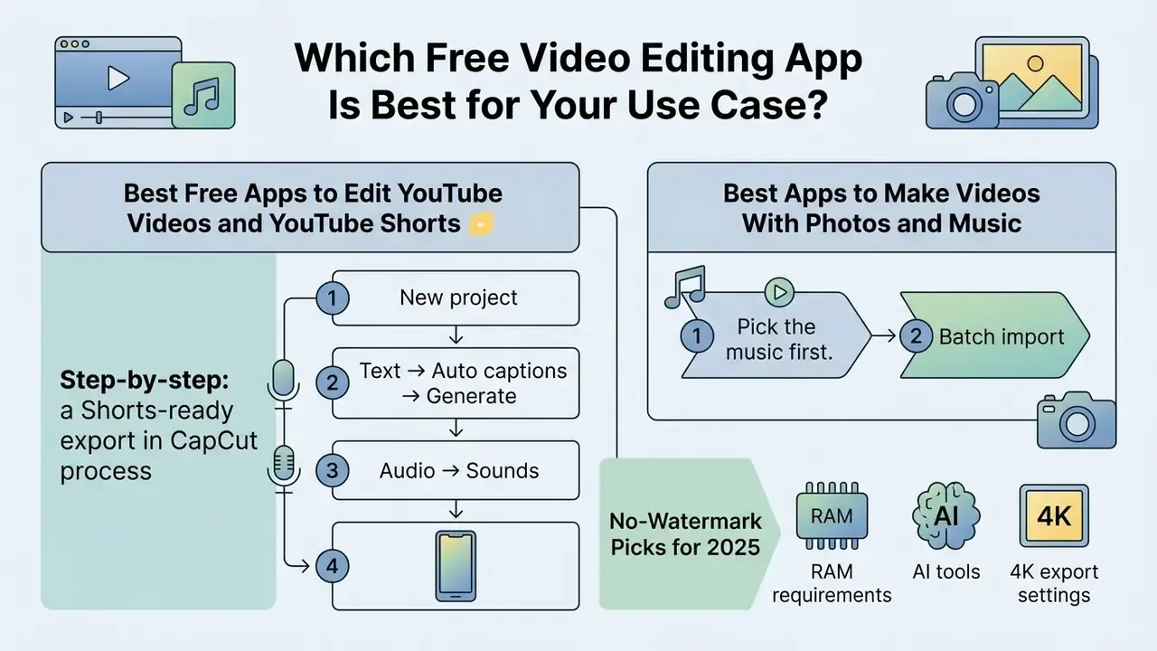 Flowchart outlining workflows for creating YouTube content and photo slideshows using mobile video apps