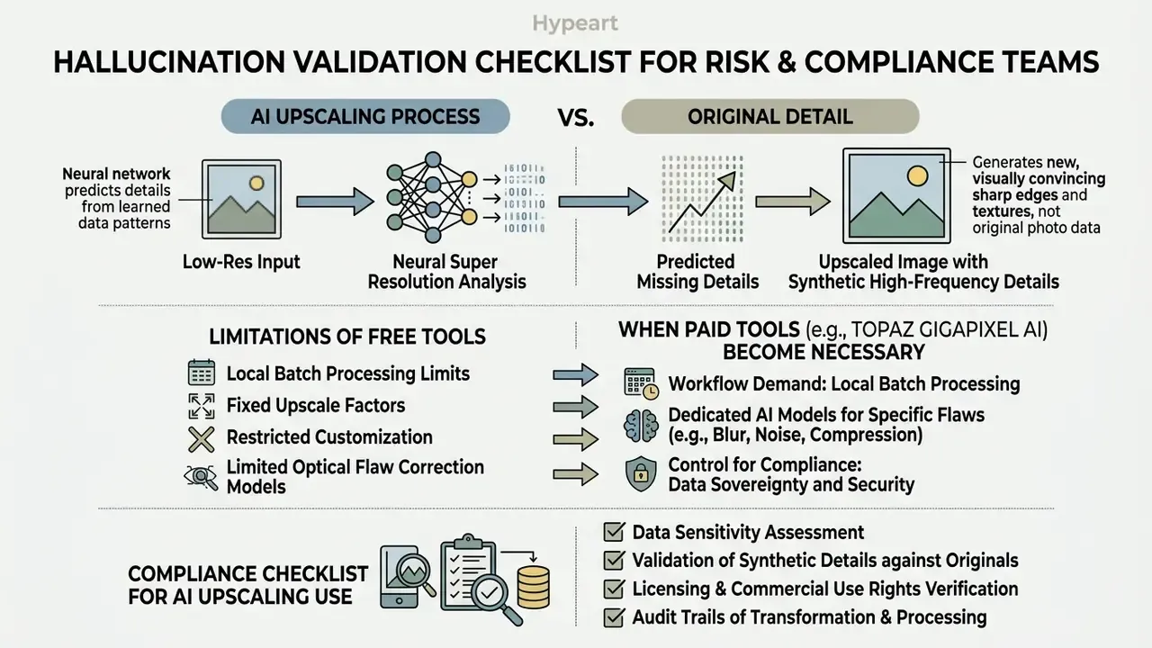 Diagram comparing AI upscaling processes with free tool limitations and paid software requirements