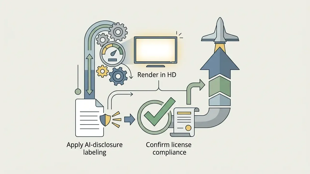 Gears and a monitor processing documents into a rocket launch sequence for final digital asset export