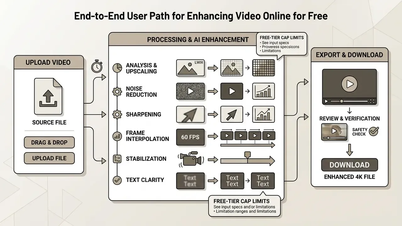 Flowchart mapping the user journey from video upload through AI processing to final file download