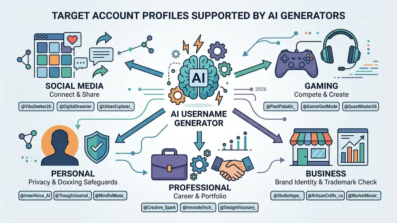 Central AI brain icon branching out to illustrate username styles for social, gaming, personal, and business