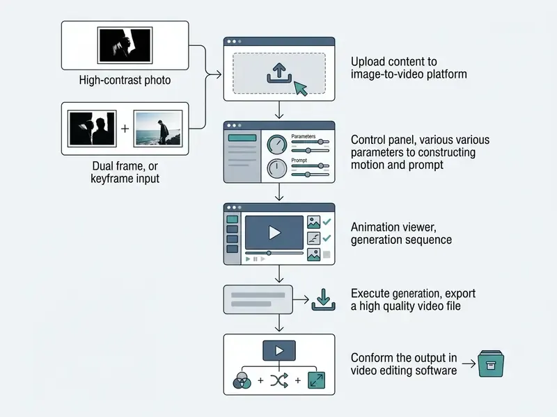 Sequential steps for uploading photos, adjusting motion parameters, and exporting animated video files