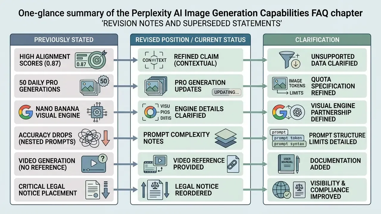 Table mapping superseded Perplexity AI image generation statements to revised positions and clarifications