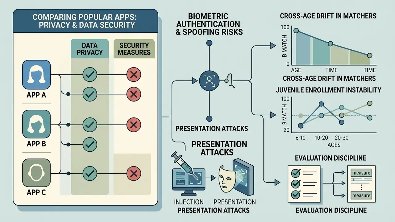 Comparison table of app security alongside charts showing biometric risks and evaluation methods