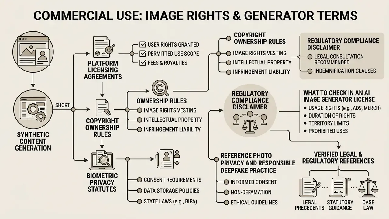 Summary chart outlining legal requirements for synthetic media licensing, copyright, and privacy compliance