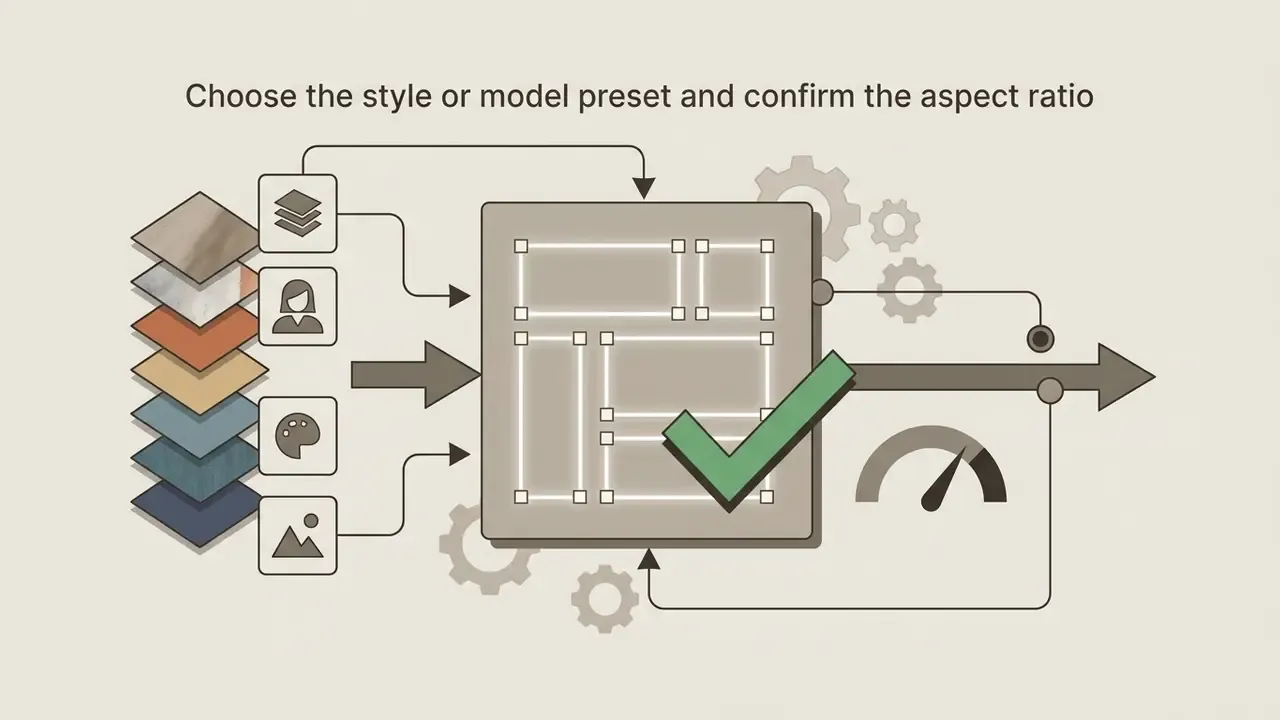 Stacked layers and icons feeding into a central grid panel with a checkmark and a speed gauge