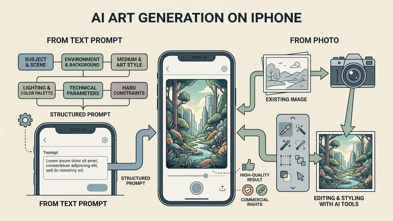 Infographic showing how to create AI art on iPhone using structured text prompts and photo editing tools