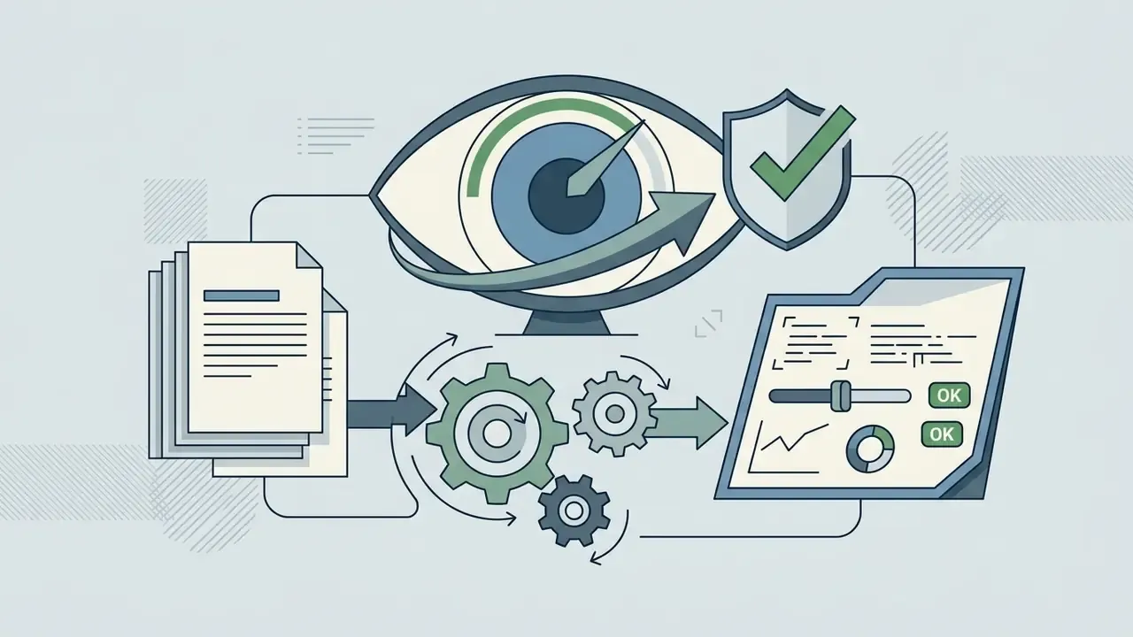 Documents feeding into a gear mechanism that processes data into a dashboard with an eye and shield icon