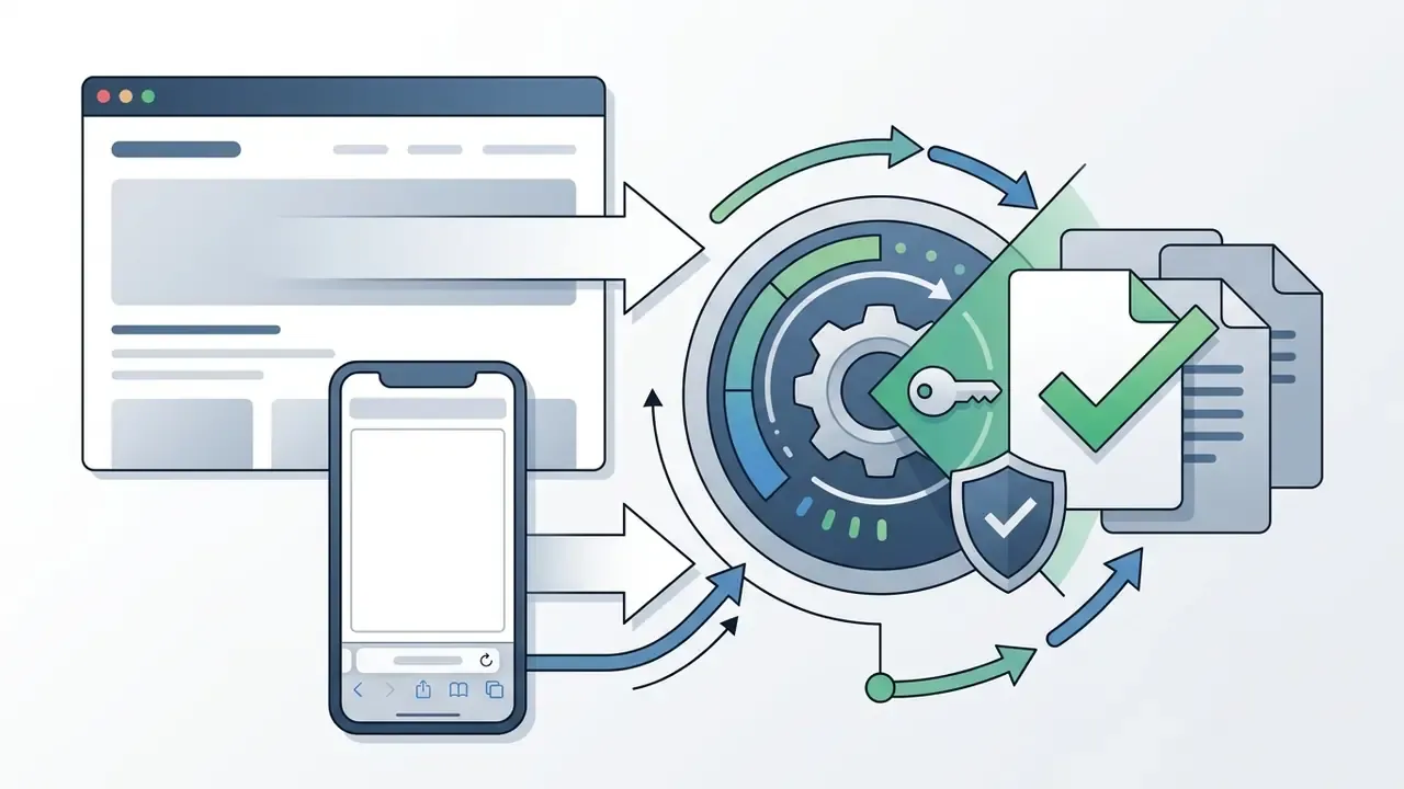 Browser and smartphone icons feeding data into a processing gear with privacy and file security symbols