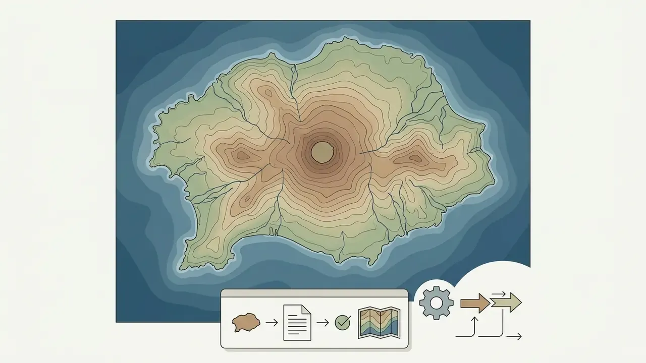 Topographic map of a volcanic island with elevation lines and a workflow icon showing data processing