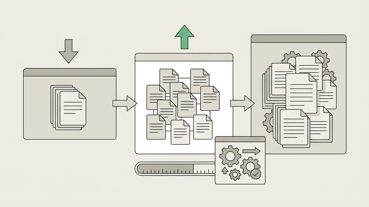 Three sequential windows showing documents moving through a processing stage with a progress bar