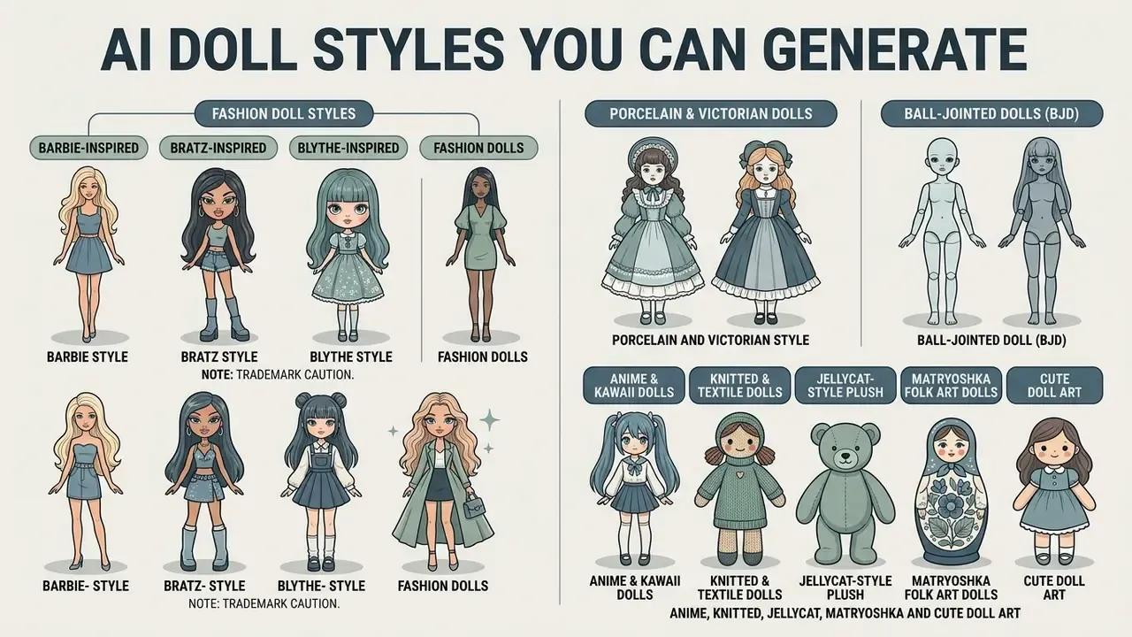Grid of diverse doll aesthetics including fashion, porcelain, ball-jointed, anime, and textile designs