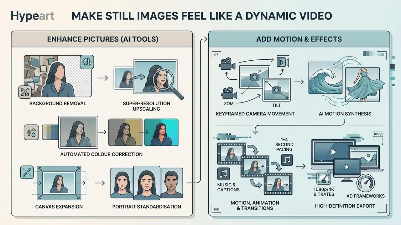 Workflow diagram showing AI photo enhancement and camera motion techniques to create a video with pictures