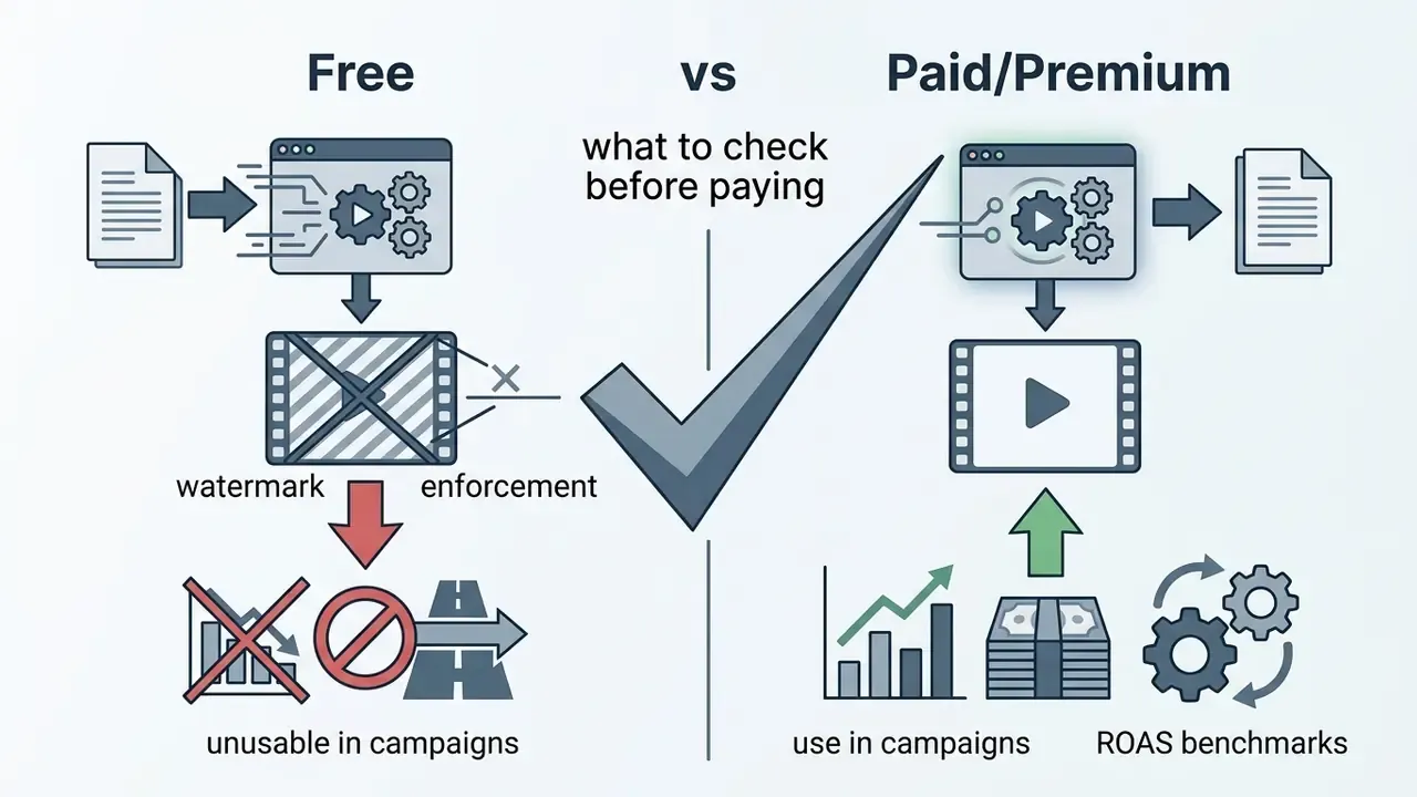 Comparison of free versus paid video export workflows showing watermark restrictions and campaign utility