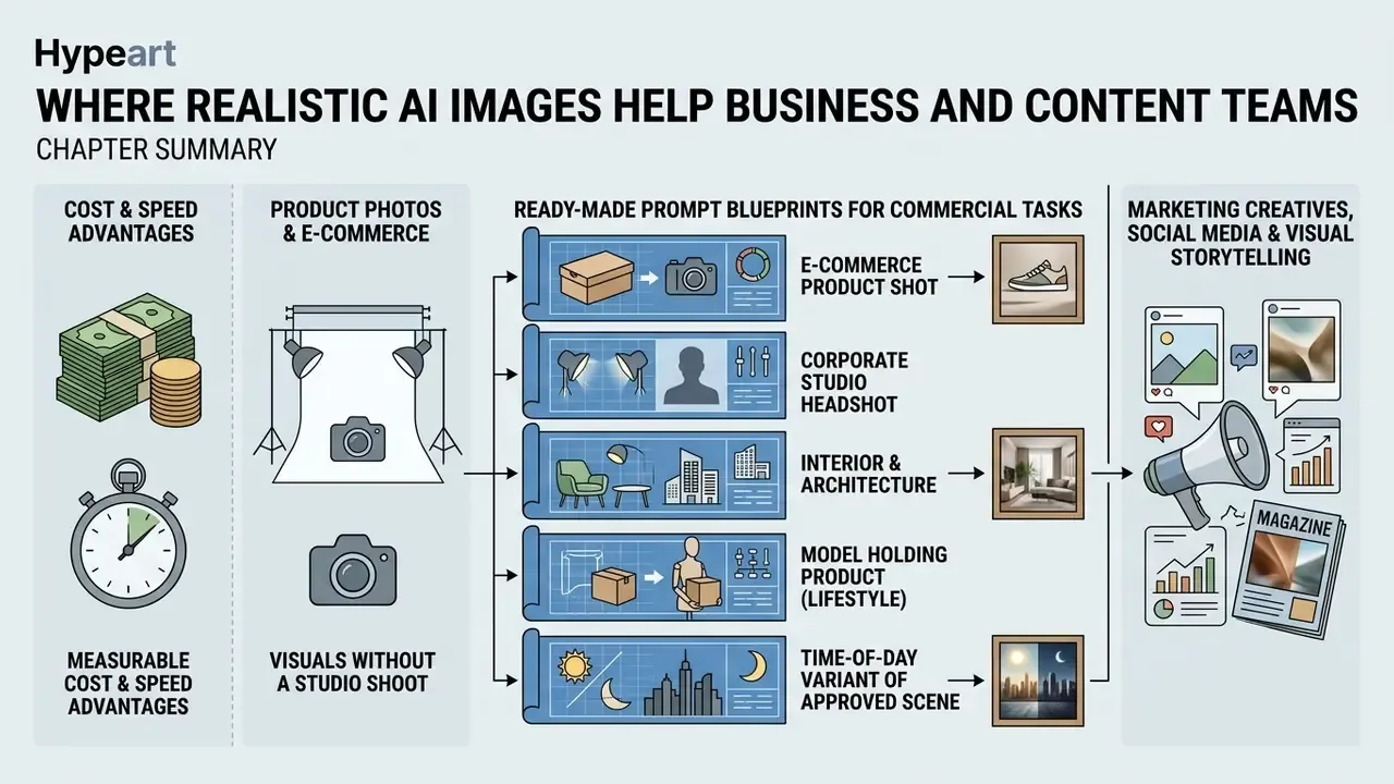 Infographic showing how prompt blueprints streamline commercial photography and marketing workflows