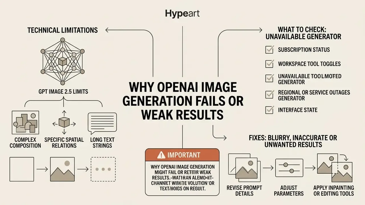 Infographic outlining technical limitations, troubleshooting steps, and fixes for OpenAI image generation