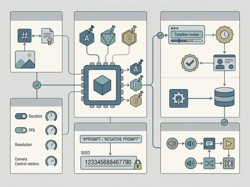 System architecture showing audit trail components for tracking generative media generation parameters
