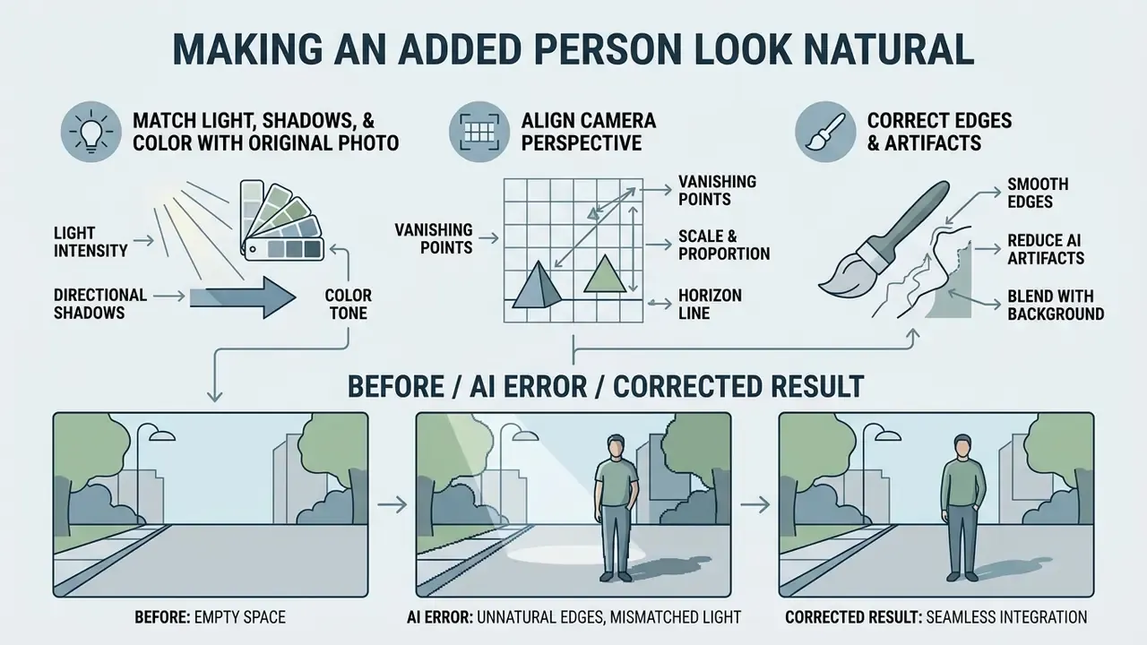 Diagram showing how to match lighting, perspective, and edges to add a person to photo online free
