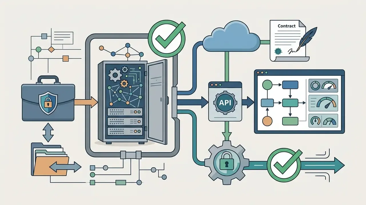 Data flow from a secure briefcase and server to a cloud API and contract for private infrastructure