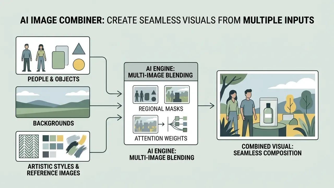 Diagram illustrating how regional masks and attention weights merge diverse inputs into a single scene