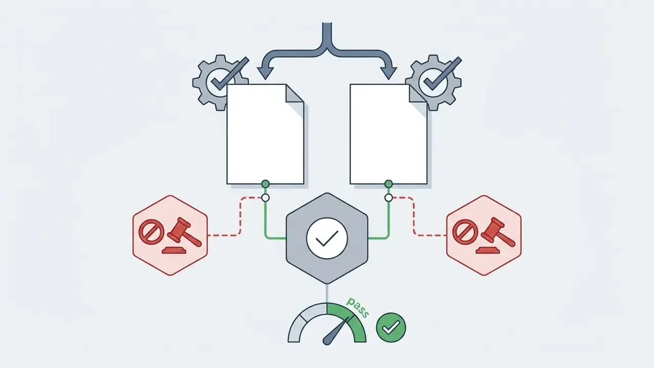 Two documents processed by gears converging into a central judgment node leading to a pass gauge