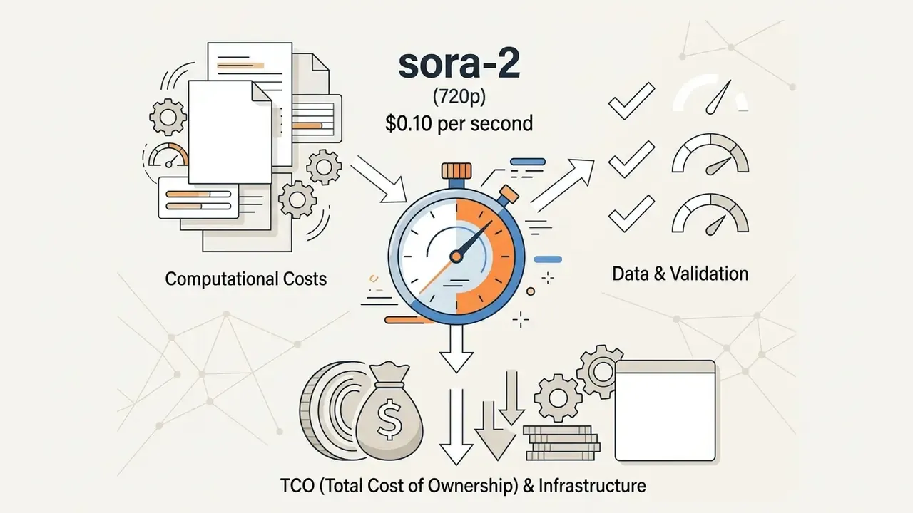 Stopwatch icon surrounded by computational cost documents, validation gauges, and financial symbols