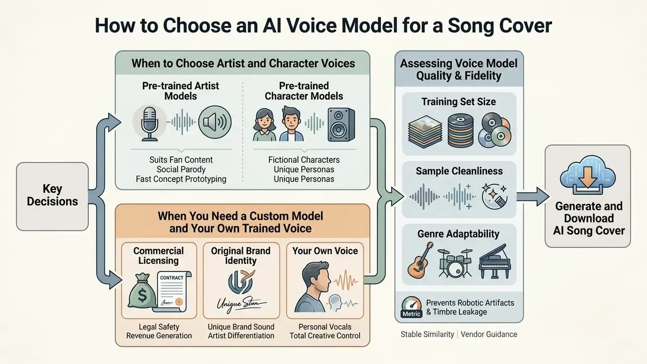Decision tree comparing pre-trained voice models and custom training for an AI cover generator