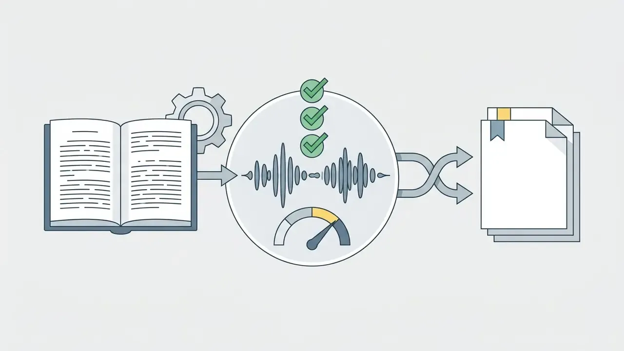 Open book being processed by an AI voice engine into a document for AI voiceover tools for YouTube videos