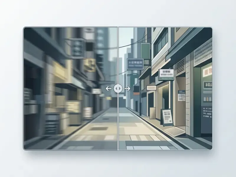 Split screen showing a blurry city street on the left and a sharp AI-restored version on the right