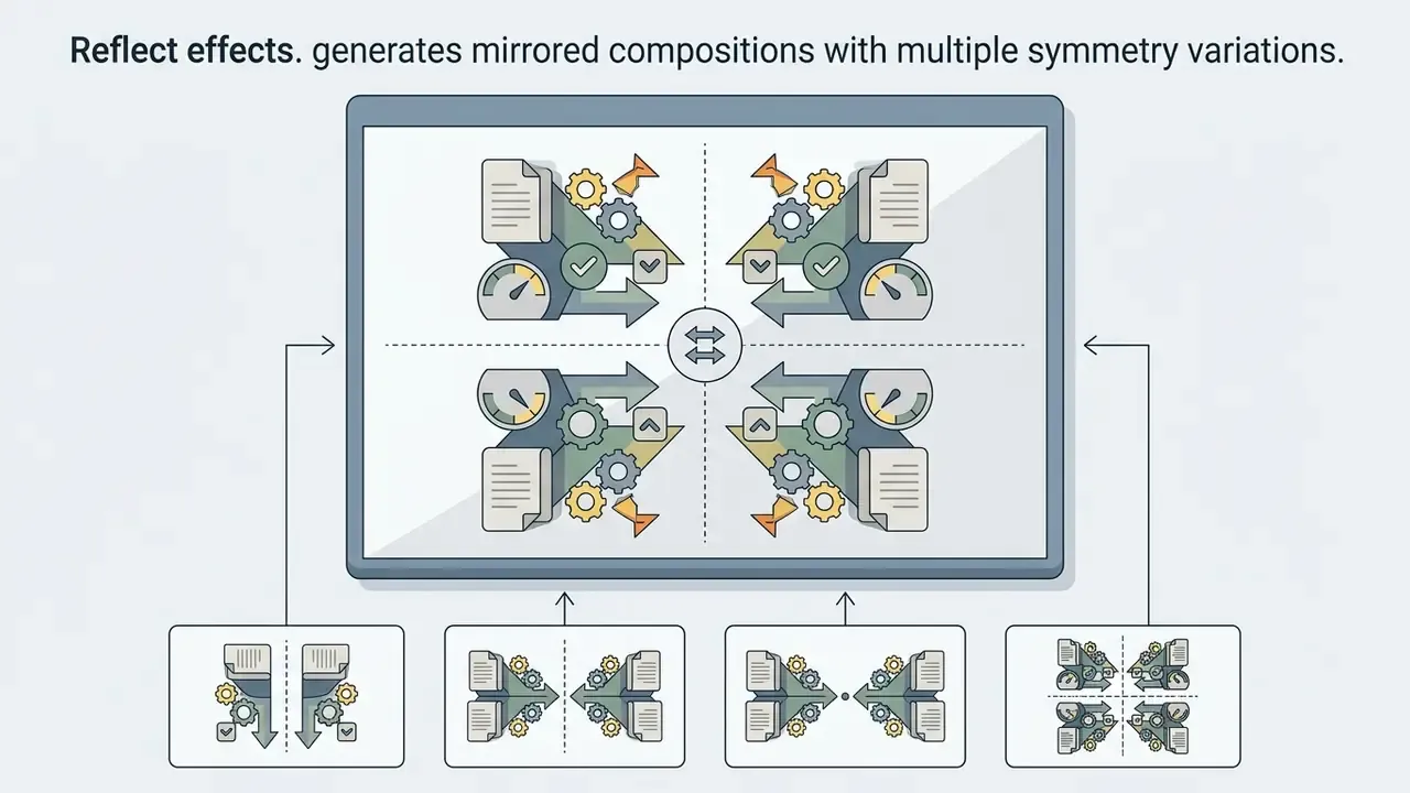 Four mirrored icons of document processing tools arranged symmetrically within a central digital frame